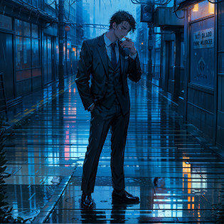 (a masterpiece), exceptional quality, in the rain, lonely, man in suit smoking (cigarette), looking up, slightly wet floor, reflection, neons.