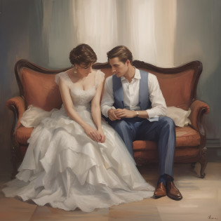 painting of a man and woman sitting on a couch in a room, No estilo de Steve Henderson, Directed by: Genevieve Springston Lynch, Steve Henderson, Steve Henderson e Mark Brooks, inspirado em Raymond Leech, um casal elegante, Directed by: Cynthia Sheppard, romantic painting, Directed by: Hermione Hammond, inspirado em Art Frahm, Directed by: Ronald Rae, retrato de casal, Directed by: Marshall Arisman