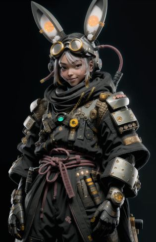 a nijibot with bunny - ears <lora:nijilorabunny:0.75>
wearing scifi samurai armor, big warm smile, (surprised face), a huge diamond necklace, wearing huge black scifi cyberpunk mask and goggles, carrying katana, very detailed
