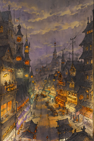 One-person viewpoint?Beautiful futuristic Halloween-colored shopping street packed with 3D, 2D and steampunk elements?Dreamy views of steampunk tower architecture and magical elements?Vivid HD animation Halloween color shopping street?Animated landscape concept art?Gorgeous Golden Steampunk Shopping Street?Steampunk Halloween-colored shopping street with anime-style fantasy artwork