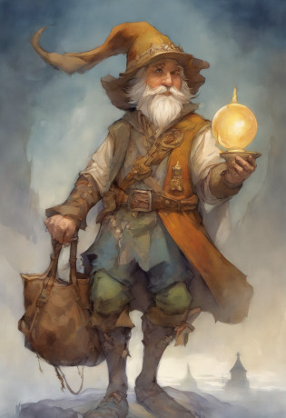 Close-up of a cartoon gnome with a hat and bag, concept art par Tony DiTerlizzi, Gagnant du concours Artstation, Lowbrow, Brian Froud Juan Gimenez, portrait of a gnome called eldon, jean - baptiste monge, Style Brian Froud, monge jean-baptiste monge, jean baptiste monge