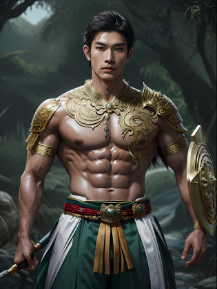 (muscular, handsome, shirtless, with double eyelids, spear in left hand and shield in right hand, head held high, Asian), Chara is the legendary crocodile warrior, and his charming character. Chara emerges from the depths of ancient stories as a powerful warrior, deeply intertwined with the myths of the land. The crocodile is depicted as an imposing presence, exuding an air of primordial power and mystery. Dressed in traditional Thai attire and shirtless, he blends palatial elegance with battle-hardened resilience. The intricate details of his costumes, decorated with vibrant motifs and ornate embroidery, pay homage to the cultural heritage of the region.