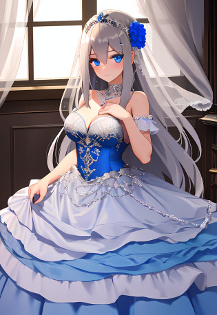 1girl, solo,masterpiece, (8k, best quality, masterpiece:1.2),highly detailed,ultra-detailed,masterclass,best quality,illustration,hair_between_eyes,  braid,perfect lighting,medium breasts,hair ornament,Flaxen long hair(delicate eyes),(blue eyes),(detailed facial features),full body, long_hair, blush,cowboy shot, feathers hair ornament, ,(dark blue wedding dress:1.2) night,windows,indoors,light,indoors,carpet,
