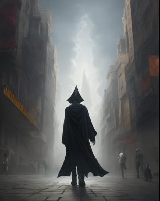 painting of a man in a cloak walking through a city, Zdzis?aw Beksi?ski style, an ominous fantasy illustration, inspired by Paul Lehr, inspired by Zdzis?aw Beksi?ski, Zdzislaw Beksinski, in style of Zdzis?aw Beksi?ski