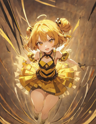 Girl with a square, rose hair, sinuous hair, Yellow biret with brown stripes, Bee antennas on the biret, yellow short dress with arms, Brown corset with golden clasp, straps from the corset, brown gloves, white shorts under the dress, Brown tights, Yellow boots with brown soles, white fluff on the neck, Bee wings, Bee sting.