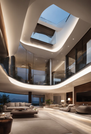 A house with a sense of futuristic technology?Three-story building?Facing the mountains?Facing the lake?Huge swimming pool?Modern architectural style? ultra detailed photographic?buliding?Convoluted?Shadowing, HighDynamicRange?Dynamic lighting, Photorealista, natural soft light, Low H, tmasterpiece, detailed 8k?There are so many details?Large floor-to-ceiling glass?Combining technology and the natural environment?Has a super cool look?
