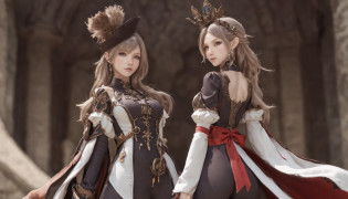 Anime characters standing side by side in costumes and hats, sakimichan and frank franzzeta, granblue fantasy, ffxiv heavensward, Detailed key anime art, high detailed official artwork, key art, Official artwork, 2. 5 D CGI anime fantasy artwork, final fantasy 14 style, artbook artwork, nixeu and sakimichan