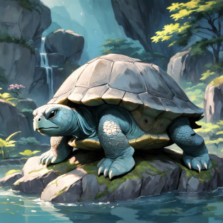 Turtle head granite statue?Xuanwu em mitologia chinesa??The statue is made of gray granite, The statue is imposing?Below is the lagoon?Many lotus leaves?lotuses