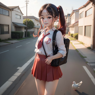 top-quality?high-level image quality?high-detail?8K?1little girl?Very cute?Beautiful Beautiful Girl?Deities?Right?Glossy girl?Fluffy smile?150cm?Jacket White Polo Shirt?red necktie?Red hanging skirt?Red Salopette?Red suspenders?A dark-haired?Very short birdtail?Very small twintails?short birdtail?Forehead?Naked Deco?Carrying a red school bag?red school bag?Put a whistle in your school bag?Strong winds are blowing?Likely to be blown away by the wind?Windy?blows wind?Skirt fluttering in the wind?Foot height?Raise and walk?outside of house?School route?returning home?Sunnyday?Dove walking in the background?Dove on background?White Hiace on background