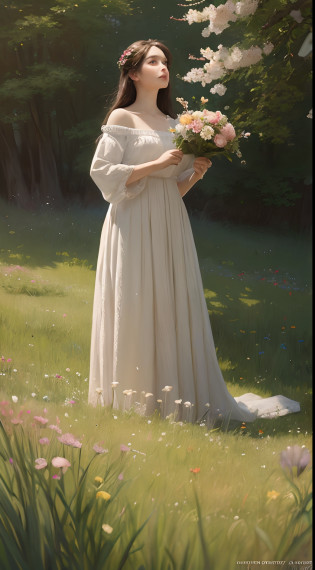 Painting of a woman standing on a hill with flowers in her hands, art of edouard bisson, krenzcushart, wlop jeremy lipkin, inspired by Pierre Auguste Cot, wlop painting style, moebius + Roisch + wlop, by Aleksander Gine, Mark Ariane, inspired by Cynthia Sheppard