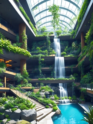 epitome of biophilic design, public space, atrium, interior, indoor waterfall feature, verdant design, unreal engine, photorealistic