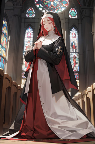 ?best qulity?master-piece?1.4???photorealestic?1.2???photorealestic?1.2???absurdities?1.2??4K?detailded?hyper�detailed?Digital art of?Detailed face?church?inside room?stained glass colored?Mature women?Huge?1.3?Nun dress?Close your eyes?Kneeling ?praying?Cross your hands over your chest,