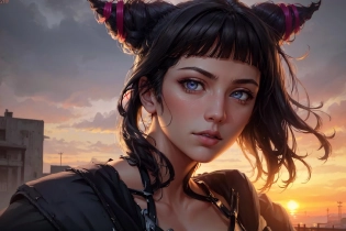 masterpiece, best quality, 4k resolution, outdoors, official, photograph, portrait, from the side, (realistic, ultrarealism, photo-realism:1. 4), detailed background, detailed face, detailed eyes, looking at viewer, nighttime, sunset, JuriMS , sfiv, hair horns, white baggy pants, bangs, soft lighting, resting <lora:JuriMS:1>