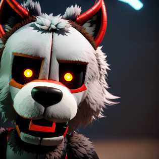 There is a stuffed animal with red eyes and horns, 4 k hd cara de pele!!!, renderizado em sfm, animatronic, Foxy, Freddy Fazbear, personagem peludo, Cinco noites no Freddy's, Cinco noites no Freddy's, sfm render, Cinco noites no Freddys, santos fileira fursuit caudas mod, animatronics