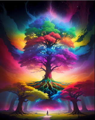 a painting of a tree with a rainbow colored sky in the background, the tree of life, cosmic tree of life, magical tree, fantasy tree, tree of life seed of doubt, tree of life, the world tree, cosmic tree, magic tree, magical colors and atmosphere, colorful concept art, world tree, yggdrasil, beautiful art uhd 4 k