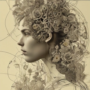 Incredibly detailed technical diagram of the profile of a woman with the top and back of her head split into complex geometric shapes and flowers growing from the shapes, Chiaroscuro lighting, fine intricate details --q 2 --upbeta --v 4 --v 4