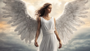 There is a painting of an angel with wings in the sky, Anjo majestoso de corpo inteiro, vestido com roupas brancas e vermelhas, biblical accurate angel, Arcanjo Miguel, anjo protegendo em guarda, angel spirit guide, angelic, Arcanjo Miguel, humano alado, epic angel wings, anjo lindo, anjo, being brilliant angelic, angelic, Tema de anjo, Alto Anjo tiro distante, Biblical setting, anjo guerreiro, with a spear in his hand, vestes vermelhas estilo soldado romano, anjo aparentando idade de 40 anos e majestoso