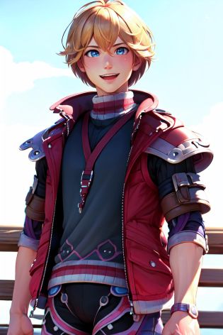 Highly detailed, High Quality, Masterpiece, beautiful, Shulk, <lora:Shulk:0.9>, 1boy, solo, shouting, smile, cowboy shot,