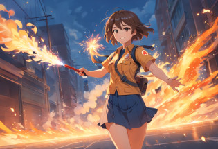 (best quality,ultra-detailed),1 girl, firefighter, wearing firefighter uniform, female, miniskirt, beautiful detailed eyes, beautiful detailed lips, smile, intense expression, confident, standing tall, fire hose in hand, flames in the background, dynamic pose, golden sunlight, dramatic lighting, strong and vibrant colors, action-packed scene, smoke, sparks flying, heroic, brave, determined, powerful, high-resolution texture, realistic style, digital painting, cinematic, captivating, adrenaline rush
