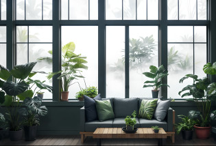 modern outdoor living room with garden dimly lit with dark rainy evening outside, (foggy rainy evening:1.2), pacific northwest, (dim lighting:1.4), (moody lighting:1.2), plants, large plants, rainy, monstera, many plants, (foggy windows:1.2), masterpiece, best quality, twilight hour, (nighttime:1.4), rainy evening, after sunset,