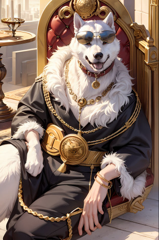 masterpiece, best quality, realistic, fashion husky, husky, dog head, glasses on the head, gear, gemstones, sunglasses, gold, jewelry, magic circle, male_focus, pants, shoes, sunglasses, tassels, throne,