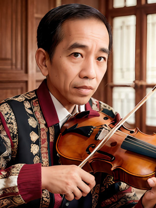 4k, Best quality, masterpiece, ultra high res, beautiful lighting, (realistic, photo-realistic:1.4), realistic background,  jokowi, 1man, 50 years old, playing violin, The musician's fingers dance along the strings, caressing them with a tender touch. Each movement is deliberate and precise, as if engaged in an intimate conversation with the instrument. The hand glides effortlessly across the fingerboard, effortlessly navigating the intricate tapestry of notes. The musician's fingers dance along the strings, caressing them with a tender touch. Each movement is deliberate and precise, as if engaged in an intimate conversation with the instrument. The hand glides effortlessly across the fingerboard, effortlessly navigating the intricate tapestry of notes.