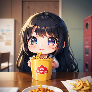 perfect-composition?Perfect pictorial composition?Cartoon girl with long hair?cartoon artstyle?Cartoon Cute Girl?Chibi Girl?Chibi?cute cartoon style?Cute art style?Cartoon style?Cartoon style illustration?Digital art of cartoons?Cute digital art?Cute anime girl?Chibi?estilo chibi?Kawaii Girl?an anime drawing?pop-art?Cartoon style illustration??Equivalent?Head large?kawaii eyes?radiant eyes?Sparkling eyes?kawaii faces?Innocent face?smooth hair?Black hair?Black hair?Potato fries?french fried?French fries in cooking?kindly smile?Eat french fries?inside in room