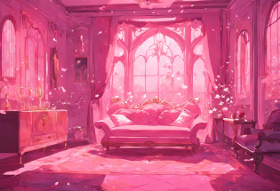 a brightly lit room with a couch and a rug in it, magical colors and atmosphere, magical colours and atmosphere, dreamy atmosphere and drama, brightly lit pink room, the walls are pink, pink zen style, very magical and dreamy, magical environment, fantastically gaudy colors, beautiful and aesthetic, floral environment, beautiful aesthetic, beautiful aesthetic design, bed of flowers on floor