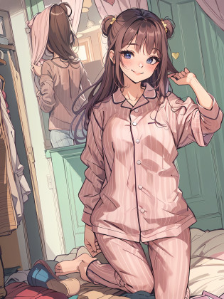 Cute girl, 18 years old, tight pyjamas, smiling, tired, full body shot, staying, tight clothes