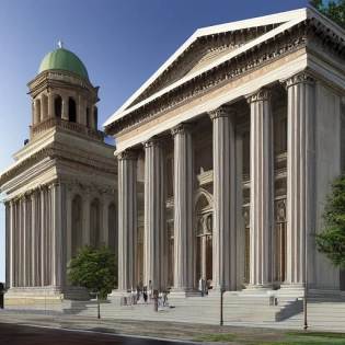Realistic architectural rendering of the front of basilica in a contemporary architecture, The facade features a central nave with a big Corinthian columns and a pediment adorned with sculptures, The nave is flanked by two aisles and two bell towers, while the top of the facade is surmounted by a balustrade with roman greco statues