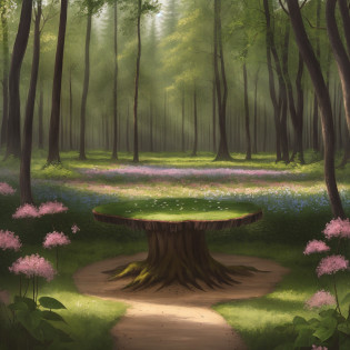 There is a painting of a path through a forest with a tree stump, forest scenery, peaceful elven forest, serene forest scenery, magic forest backround, elf forest background, fantasy forest landscape, fantasy forest environment, magic forest in the background, magical fantasy forest, forest clearing landscape,  fantasy fantasy background, soft forest background, magic clearing, in serene forest setting. Behind the table is a man dressed in blue and red, holding a stick with bees around add a man dressed in blue and red clothing and many bees around