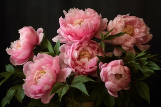 pink peonies with green leaves :ultra realistic :day ligtht --ar 3:2