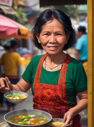 Photo of an old Javanese man, from Lamongan City, in East Java, Java Island in Indonesia. A Soto Soup seller. Around 50 years old, dark brown skin, black eyes, wide eyes, black straight hair with little bit curly hair. Cheerful-pleasant and open minded personality, wise-look face, natural crinkle on the face, sincere smile, feeling happy, wearing green tone batik shirt and dark sarong fabric, out in the streets smiling in the day light, in front of his Soto Soup Stall and other small street vendors, (masterpiece) (photorealistic), ultrarealistic (Best Quality) (Detailed) photographed in a Canon EOS R5, 50mm Lens, F/2.8, (8K) (Wallpaper) (Cinematic lighting) (Dramatic Lighting) --auto --s2