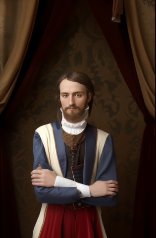 Background montain , roupa Victoriana, style 1600s, musician .