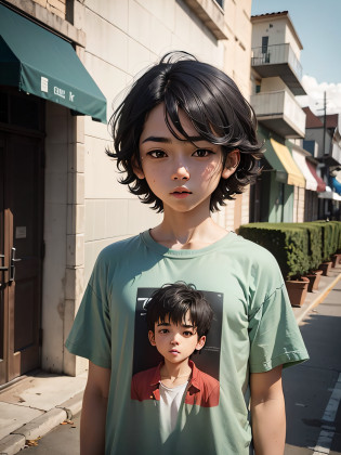 Small anime boy with black hair and black eyes standing in front of a building, majo, com estatura pequena e meio gordinho
