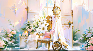 In front of the wall there is an easel with mirror and chairs, Ethereal and dreamy theme, In white bohemian style, dreamy and detailed,, dreamy atmosphere and drama, baroque style painting backdrop, Dreamy atmosphere, Gorgeous and complex background, ethereal details, romantic setting, dreamy scenes, dreamy ethereal vibe, Dreamy style, Dreamy and ethereal?Dreamy style, Dreamy and ethereal?Meadows surrounded by flowers?There are European-style door frames on the grass?A white lace scarf was draped over the door frame?In front of the door frame is the easel?Flowers on easel photo frame?Dreamcatcher.com.?.com.?.?.com?On the left is the cabinet?The cupboards were filled with candles and flowers?Beautiful scene?exquisitedetails?rays of sunshine?Warm lighting?Natural soft light?white colors?In pink?higher details,No Man