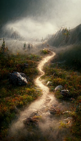 A trail through the unknown, atmospheric, hyper realistic, 8k, epic composition, cinematic, octane render, artstation landscape vista photography by Carr Clifton & Galen Rowell, 16K resolution, Landscape veduta photo by Dustin Lefevre & tdraw, 8k resolution, detailed landscape painting by Ivan Shishkin, DeviantArt, Flickr, rendered in Enscape, Miyazaki, Nausicaa Ghibli, Breath of The Wild, 4k detailed post processing, artstation, rendering by octane, unreal engine --ar 9:16