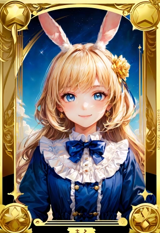 paper cut, illustration, detailed, propaganda poster, flat color, (tarot), (single girl:1. 2), solo, cute face, smile, closed mouth, little girl, (light blonde hair:1. 2), hair bow, (sky blue dress), frills, bowtie, button, portrait, upper body, (round face:1. 1), (card frame), candle, pocket watch, trump card, bunny, (left-right symmetry:1. 2), masterpiece, <lora:add_detail:1>, UHD, HDR, 8K, (Masterpiece:1. 5), (best quality:1. 5)