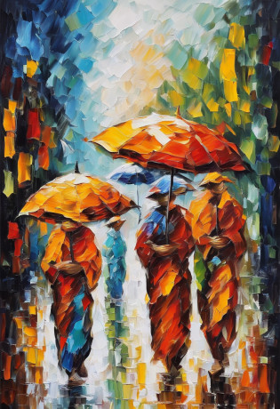 3 monks went back, RAINING SEASON, best composition,  white background masterpiece  oil painting, impasto painting.