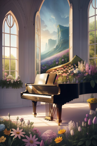 fickle?Cartoon-like illustration of a fantastic world?In the wilderness?The outside world?piano?flower  field?Piano covered with flowers?natural soft light?Flowers?houseplant?colourfull?Flowers in the room?Piece of art?tender?Warm?Modern?Sophisticated?In a dream?Liberation?Open