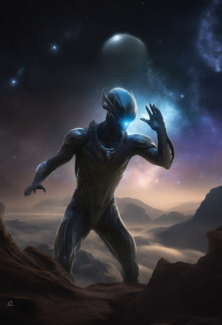 Um mago alien, alien possesses incredible humanoid characteristics, with facial features that recall the beauty of the human being, mas com um exuberante, Pointed elf ear that gives him an even more enigmatic appearance.

Master in alchemy, alien magician, who adapts instantly to the conditions of the environment;, making it invisible when needed. He uses alien cybernetic implants that fuse with his body organically, allowing it to connect directly to the intergalactic information network.

Inside the healing alien light chamber, the Prismatic Xenomorph experiences a transcendental transformation, as your consciousness expands beyond the boundaries of space and time. He unlocks the secrets of the multiverse through his almond pupil, which becomes a portal to other dimensions.

Enquanto isso, Your alien companion, um ser de energia pura e serenamente transparente, observa a cena, emanating an aura of calm and cosmic wisdom.

While the Prismatic Xenomorph connects with the ancestral wisdom of its alien people, The lab itself comes to life, with ever-changing fractal geometry and moving holographic landscapes, creating a truly surreal and enigmatic environment.

In this alien setting, The impossible becomes possible, and the boundary between reality and science fiction dissolves into a cosmic dance of color, sons e ideias, Challenging all conventional notions