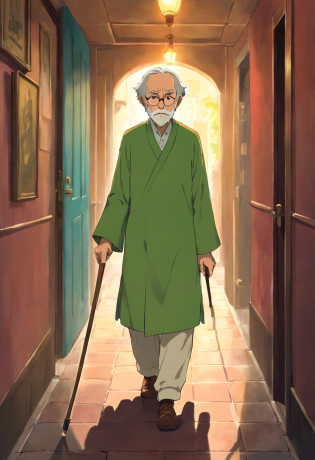 Draw a picture of an old man with a cane , el anciano tiene a su lado derecho una mujer adulta con un vestido negro y sombrero del mismo color , The woman has on her left side a 10-year-old boy dressed in green holding her hand , are walking in a dark hallway