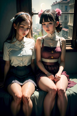 (Masterpiece:1.2),(Photorealsitic:1.5),2girls, duo,Silk,Satin,Skirt,Warm spring,Moonlight,