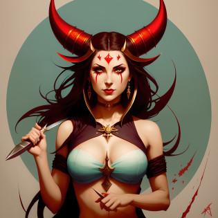 arafed woman with horns and blood on her body holding a knife, in style of peter mohrbacher, peter mohrbacher style, graphic artist peter mohrbacher, peter mohrbacher'', karol bak and peter mohrbacher, pete mohrbacher, style of peter mohrbacher, peter mohrbacher artstyle