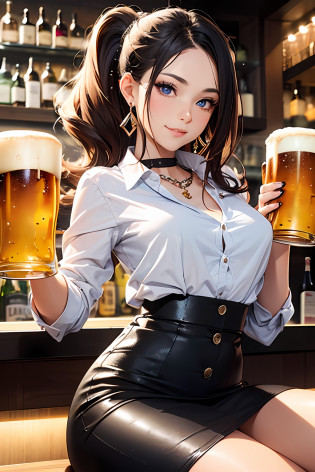 (masutepiece: 1.3), (max resolution: 1.2), (Ultra HDTV: 1.2), cinema lite, Ultra HDTV, (Detailed eyes and skin), (detailed facial features), 8K resolution, Sharp Focus: 1.2, Perfect Style, Beautiful Face, accurate, Anatomically correct, Highly detailed face and skin texture, Detailed eyes, Dark-blue eyes, Double eyelids, Thin eyebrows, (dropped eyes:0.65), (Glitter Eyeliner:1.2), Natural cheeks, Glossy skin, (Fair skin:1.2), shiny necklace and earrings, (Glossy lips: 1.4), BREAK, absurderes, One-person viewpoint, (she is classy bartender), (While Wearing a Button up white shirt:1.3), (wear a formal best of Black:1.3), BREAK, (Pencil skirt of gray:1.2), (high heels), BREAK, (shy smile:1.2), ((20 years old, classy and neat girl:1.3)), (high-ponytail hairstyle, Wavy Hair), (Blond hair:1.2), Medium Long Hair, (Cowboy shot: 1.2), Focus on Face, medium large breasts, ((Beer is being poured inside the bar counter.:1.4)), ((In the Luxury Bar at night:1.4)),