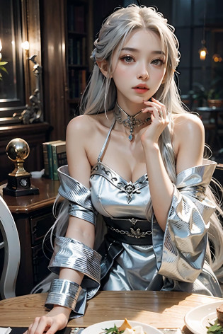 An Arafe woman with long hair and silver jewelry is sitting on a table, with long white hair, with white long hair, Very long silver hair, Long braided silver hair, full body xianxia, very beautiful elven top model, girl silver hair, cai xukun, Long silver hair, jia, Silver-haired girl, Silver long hair hair, Silver hair (pony-tail)