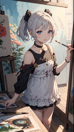 (1girl in, Solo:1.4), Cute, (Chibi:1.6),It depicts a touching moment when a pretty girl tries her hand at painting for the first time?She?Inside the art studio?Standing in front of the canvas?Pick up the brush?In those eyes?Mixed with anticipation and a little anxiety? In the background?Masterpieces and art tools are meticulously drawn.?They enjoy this special moment even more?It makes you feel the possibilities? The moment she brought her brush closer to the canvas?Its expression changes completely.? The first brush transferred color to the canvas?A sense of pure joy and accomplishment spreads across her face?By her creativity?Filled with new colors and shapes?Visual effects that make her spot beautiful? ((Writing line transparency Highest quality Best work Concept art.))?Beautiful illustration, pastel color, Illustration style, Realistic skin feeling, Realistic materials?watercolor paiting, A background with detail, three-dimensionality and depth