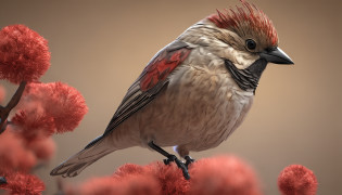 un pajaro diamante modesto con colores beige en su cara y manchado en su cuepo . the color is brown and on its head red tuft that this in a tree is the main protagonist Natural realistic rendering, fotorrealista altamente detallado, render fotorrealista, Arte conceptual fotorrealista, Render hiper real, Renderizado 3D realista rojo, Aves f CGsociety, Imagen fotorrealista, fotorrealista altamente detallado, Renderizado detallado hiperrealista, Imagen detallada fotorrealista, Red bird, super detailed render, Renderizado de alta calidad