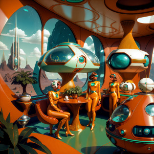 4k image from a 1970s science fiction film, pastels colors, Family wearing retro-futuristic fashion clothes and futuristic technological ornaments and devices in an old coffee shop, Luz Natural, cinemactic, Psicodelia, retro-futurista, photo-realistic, olhos perfeitos, perfect hands, cabelo perfeito, ricos detalhes do rosto, hiper detalhado, hyper realistic, textura real da pele, texturas de tecido real, Sharp background details, sharp render.