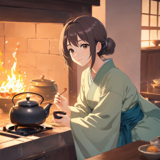 Anime girl in Hanfu standing next to a teapot, Boiling a teapot over a charcoal fire on the stove, Side Body?stove?charcoal fire?teapot?Wear black cloth shoes?author?Qu Leilei, author?Chen Daofu, author?Xia Gui, author?Zou Yigui, by Yang J, author?Qiu Ying, author?Cheng Jiasui, author?Xu Xi, author?Xia Yong, author?Yao Tingmei, Drinking tea, By Li Song